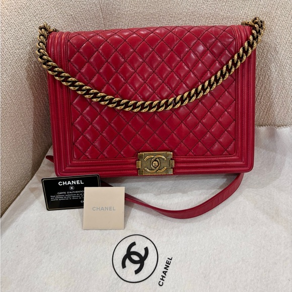 CHANEL Handbags - Authentic CHANEL red lambskin LARGE discontinued boy bag